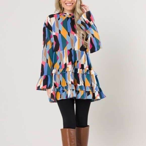 NWT Jodifl Colorblock Ruffled Long Sleeve Tunic Top Blouse Shirt Blue Black Red - Picture 6 of 7